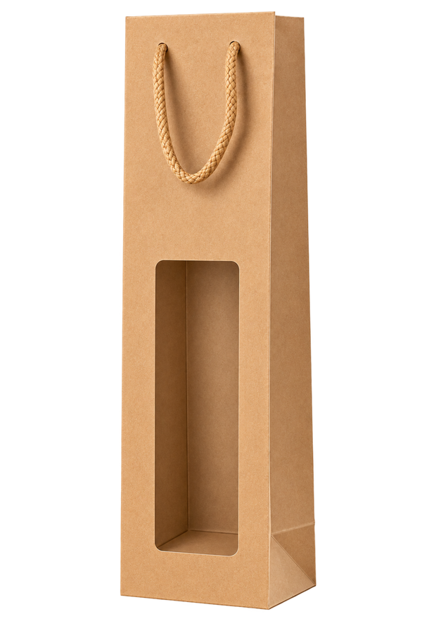 Kraft Wine Bag with Window Single Bottle, 390 x 110 + 90mm