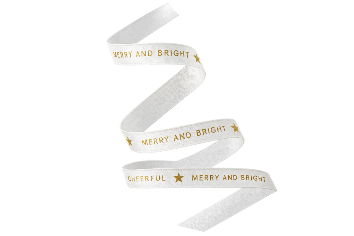Christmas Cheer Ribbon Gold on White 10mm x 25m Roll